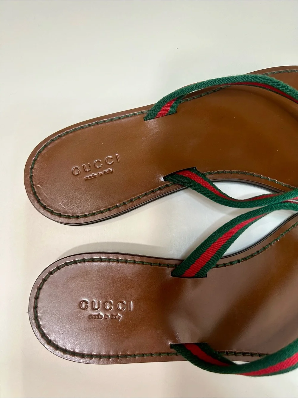 Gucci Web Leather Sandal Stripe Flip Flop Flat Authentic